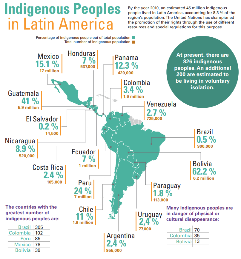 The infographic from the Economic Commission for Latin America (ECLAC), is a color-coded chart displaying the percentage of countries with indigenous populations, with each section representing a different country, 